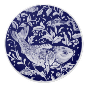 Bouton De Porte En Céramique Unique Blue & White Koi Poisson Stylisé Plante d'