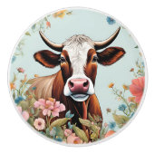 Bouton De Porte En Céramique Vache d'élevage en fleurs (Devant)