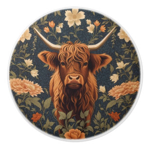 Bouton De Porte En Céramique Vache des Highlands aux fleurs vintage magnifique