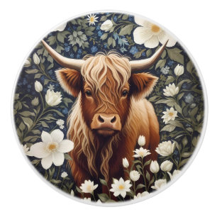 Bouton De Porte En Céramique Vache des Highlands Élégante Fleur Blanche
