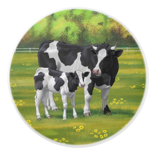 Bouton De Porte En Céramique Vache Holstein et veau mignon en pâturage d'été (Devant)
