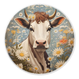 Bouton De Porte En Céramique Vache Mignonne Avec Fleurs de Marguerite