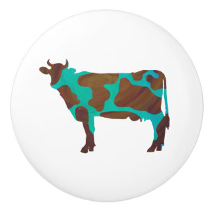 Bouton De Porte En Céramique Vache Silhouette Brown et Turquoise