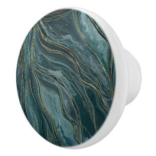 Bouton De Porte En Céramique Vagues d'aquarelle Abstraite turquoise Blue Gold