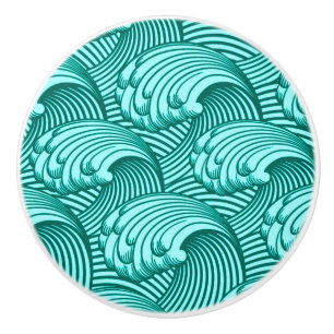 Bouton De Porte En Céramique Vagues japonaises vintages, turquoise et Aqua
