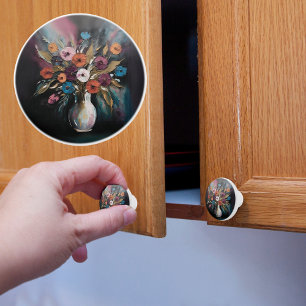 Bouton De Porte En Céramique Vase à fleurs peint à l'huile faux