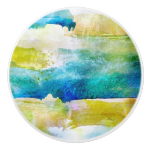 Bouton De Porte En Céramique Vert abstrait d'aquarelle, bleu