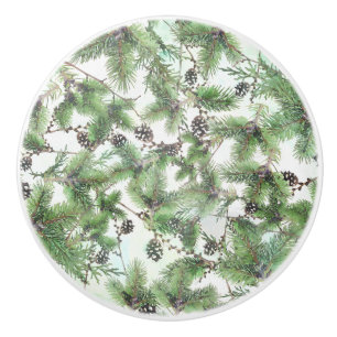 Bouton De Porte En Céramique Vert de vacances et hiver de pays de cônes de pin