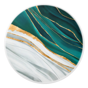 Bouton De Porte En Céramique Vert minuit, turquoise et aquarelle dorée