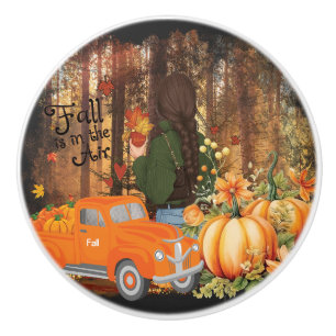 Bouton De Porte En Céramique Vibes D'Automne, Une Voiture Chargée De Citrouille