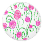 Bouton De Porte En Céramique Vignes à fleurs roses et vertes (Devant)