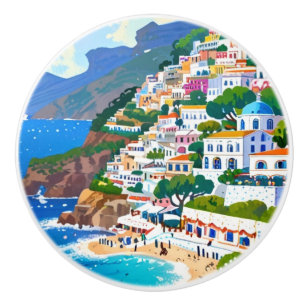 Bouton De Porte En Céramique Village Positano, Italie, Côte Italienne Aquarelle