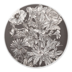 Bouton De Porte En Céramique Vintage floral moderne gris botanique chic rustiqu