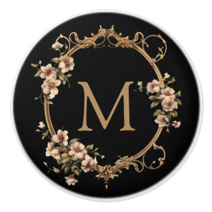 Bouton De Porte En Céramique Vintage Floral Monogram Black Ceramic Knob
