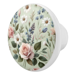 Bouton De Porte En Céramique Vintage Pastel Floral Motif botanique