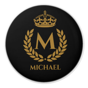 Bouton De Porte En Céramique Vintage Royal King Golden Crown Nom initial Noir