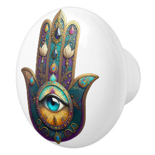 Bouton De Porte En Céramique Violet sarcelle doré Hamsa avec troisième œil turq