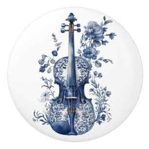 Bouton De Porte En Céramique Violon de style Delft bleu et blanc avec fleurs