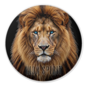 Bouton De Porte En Céramique Visage de lion majestueux aux yeux bleus Faune A