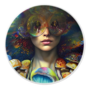 Bouton De Porte En Céramique Visions de champignons Trippy Retro Coloré