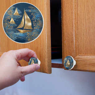 Bouton De Porte En Céramique Voiliers dorés sur mer bleue