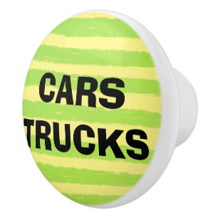 Bouton De Porte En Céramique Voitures Camions Jaunes Bandes Aquarelles Vertes
