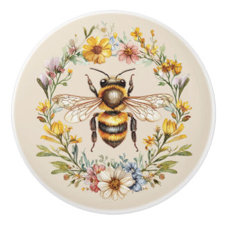 Bouton De Porte En Céramique Watercolor Bumblebee Floral Wreath Charm Ceramic 