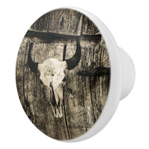 Bouton De Porte En Céramique Western Bull Skull Wood Barn Sepia Vintage Russe