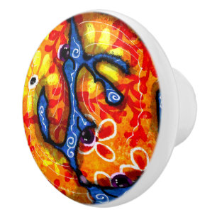 Bouton De Porte En Céramique Whimsical Abstrait Koi Poisson Bleu Orange Floral
