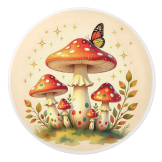 Bouton De Porte En Céramique Whimsical Cottage Core Mushrooms & Butterfly