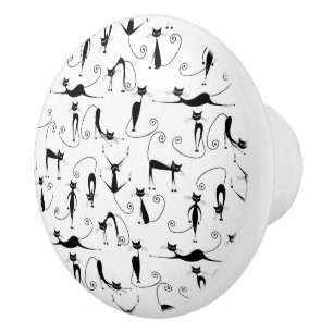 Bouton De Porte En Céramique Whimsical Skinny Motif de chat noir