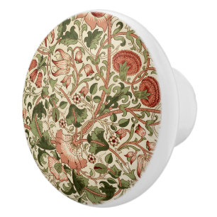 Bouton De Porte En Céramique William Morris Fleurs Lodden Foliage Vert rose