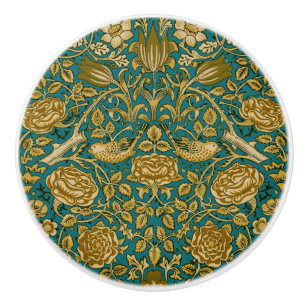 Bouton De Porte En Céramique William Morris Motif Rose Tudor Bleu Doré