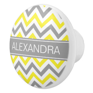 Bouton De Porte En Céramique Yellow Dk Gray White LG Chevron Gray Nom Monogram