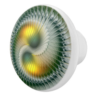 Bouton De Porte En Céramique Yin Yang Vert Jaune Abstrait Fractal Coloré
