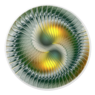 Bouton De Porte En Céramique Yin Yang Vert Jaune Abstrait Fractal Coloré