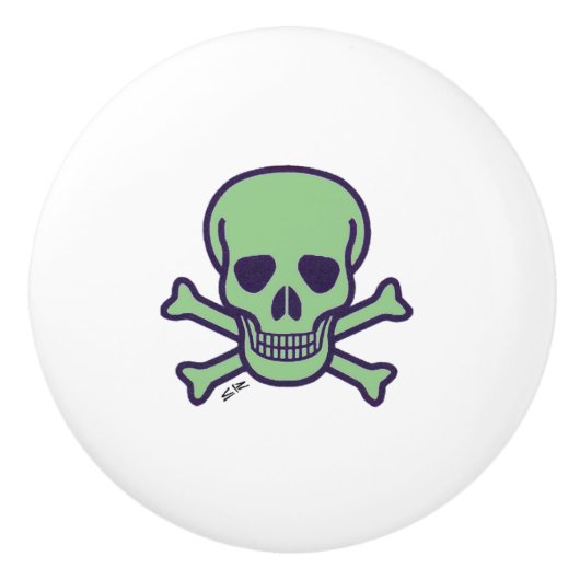 Bouton en céramique blanche crâne vert (Devant)