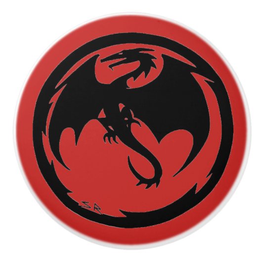 Bouton en céramique rouge Dragon noir (Devant)