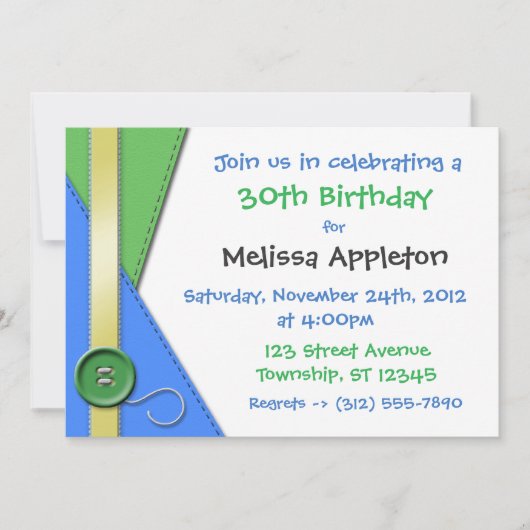 Bouton ~ Invitations d'anniversaire vert, bleu et  (Devant)