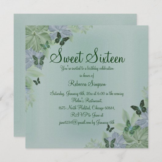 Bouton vert et bleu Shimmer doux 16 Invitation (Devant / Derrière)