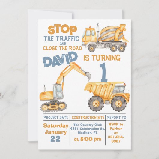 Bouw 1e verjaardag Dump Truck Party Kaart (Voorkant)