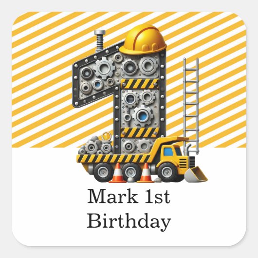 Bouw 1e verjaardag feest vierkante sticker (Voorkant)