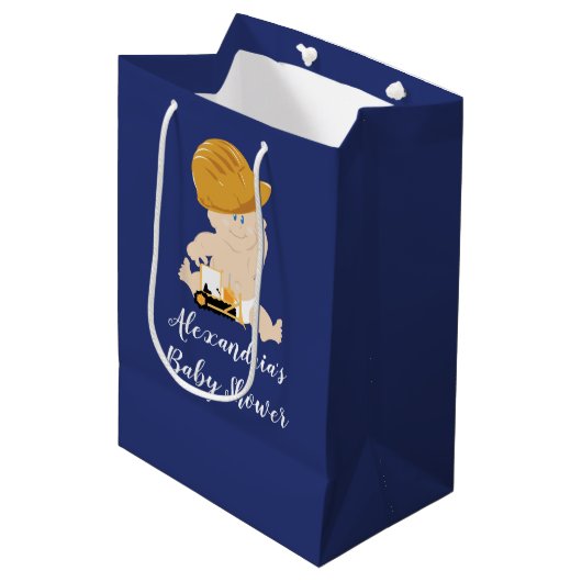 Bouw Baby Boy Bulldozer Gift Bag Medium Cadeauzakje (Voorkant Gekanteld)