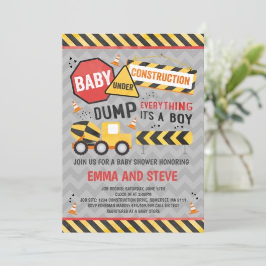 Bouw Baby shower Uitnodiging Truck Shower (Staand voorkant)