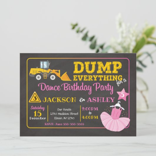 Bouw & Ballerina gezamenlijke verjaardagsuitnodigi Kaart (Staand voorkant)