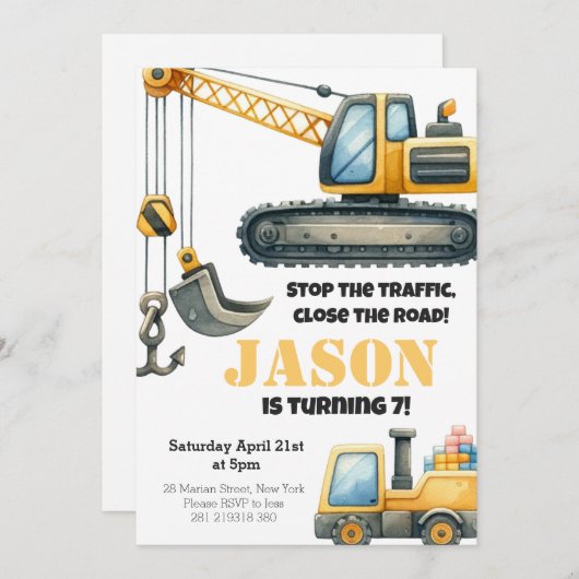 Bouw Bulldozer Kids Verjaardagsfeest Kaart (Voorkant / Achterkant)