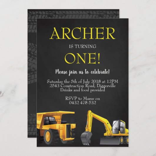 Bouw Digger Boy Verjaardag Uitnodiging (Voorkant / Achterkant)