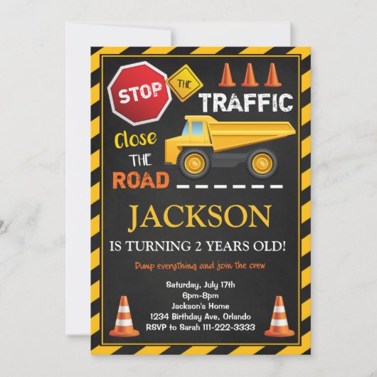 Bouw Dump Truck Kinderen Verjaardag Uitnodiging (Voorkant)