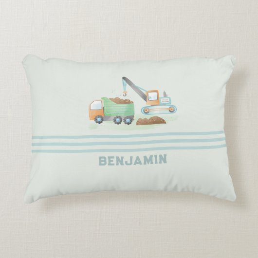 Bouw Dump Truck Zacht Blauw Groen Jongens Naam Accent Kussen (Voorkant)