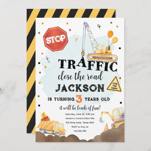 Bouw Gele Dump Truck Boy Birthday Invita Kaart (Voorkant / Achterkant)